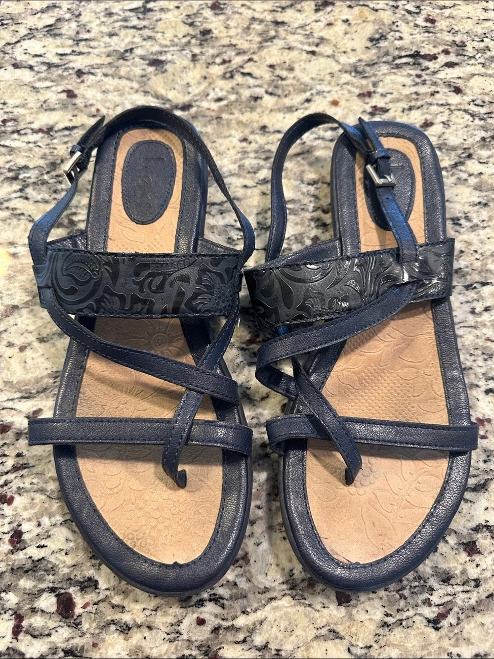 boc Navy Strappy Sandals with Embossed Floral Band